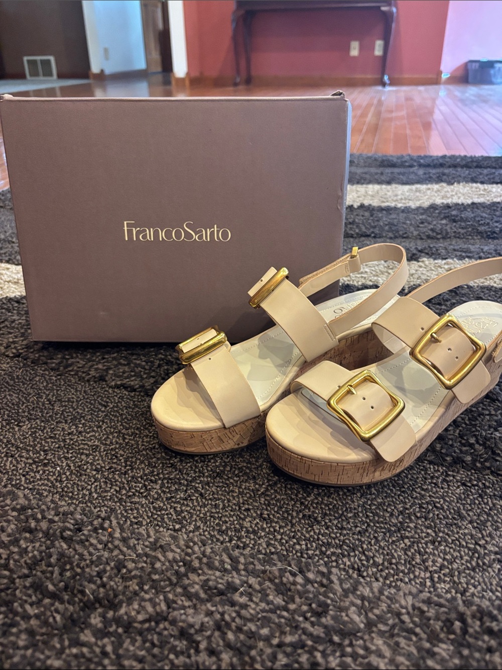 Franco Sarto Nude Beige Platform Sandals with Gold Buckles